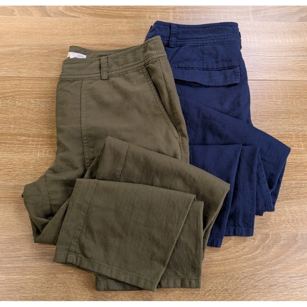 x2 Eileen Fisher Pants Womens 4 Green Navy Organic Straight Leg Pockets Light